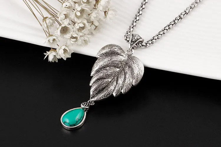 Vintage Silver Tone Leaf Jewelry Sets Heart Turquoise Earrings Necklace Bracelet Fashion Teardrop Shape For Women Accessories