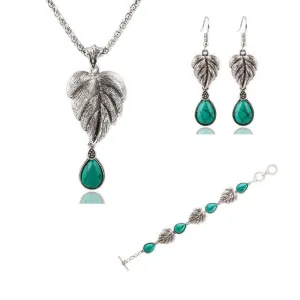 Vintage Silver Tone Leaf Jewelry Sets Heart Turquoise Earrings Necklace Bracelet Fashion Teardrop Shape For Women Accessories