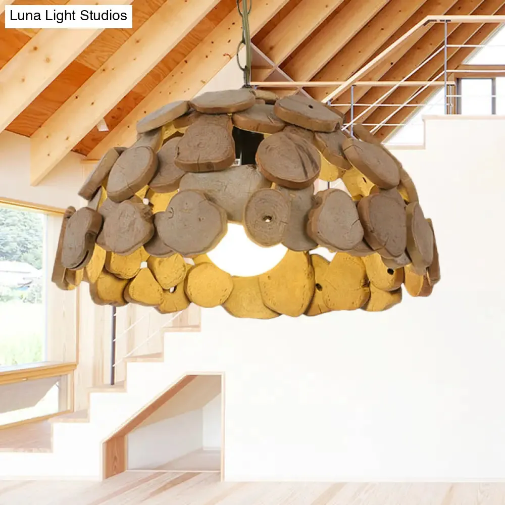 Vintage Wooden Dome Shade Pendant Light with Adjustable Chain, Natural Wood Finish