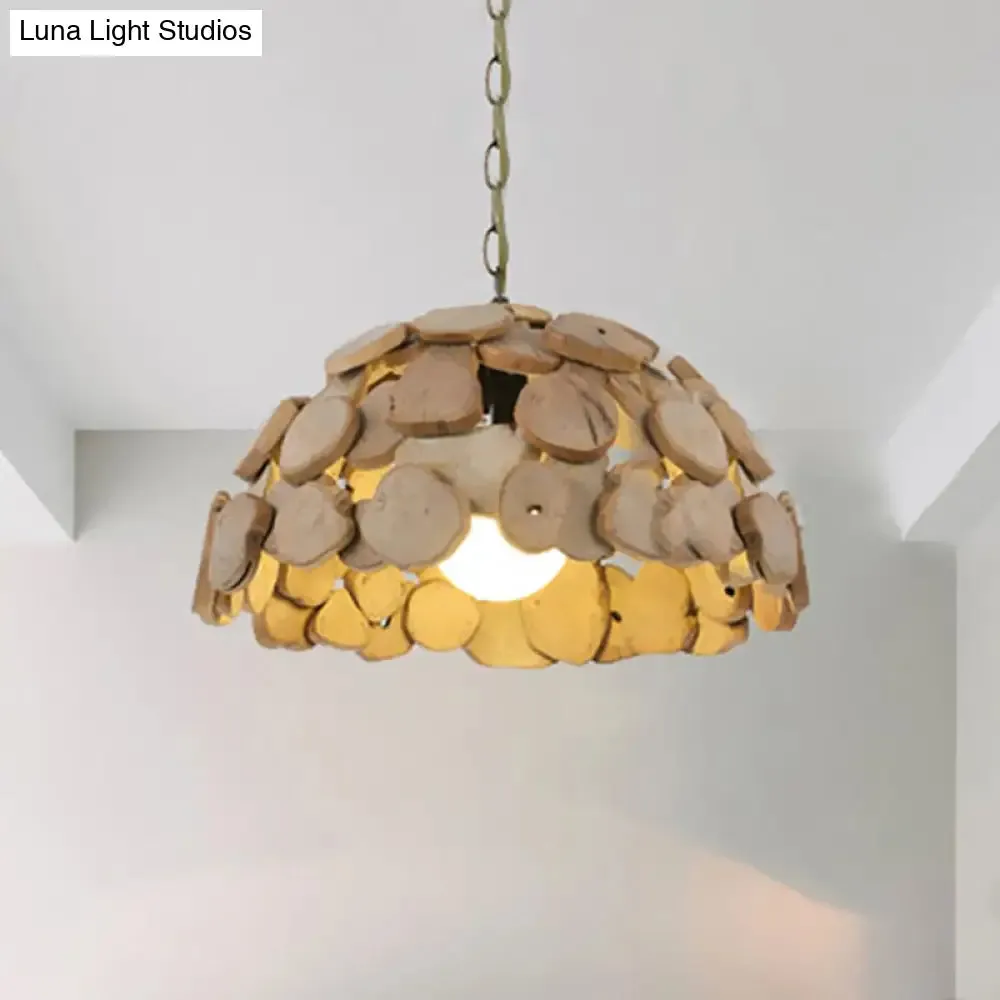 Vintage Wooden Dome Shade Pendant Light with Adjustable Chain, Natural Wood Finish