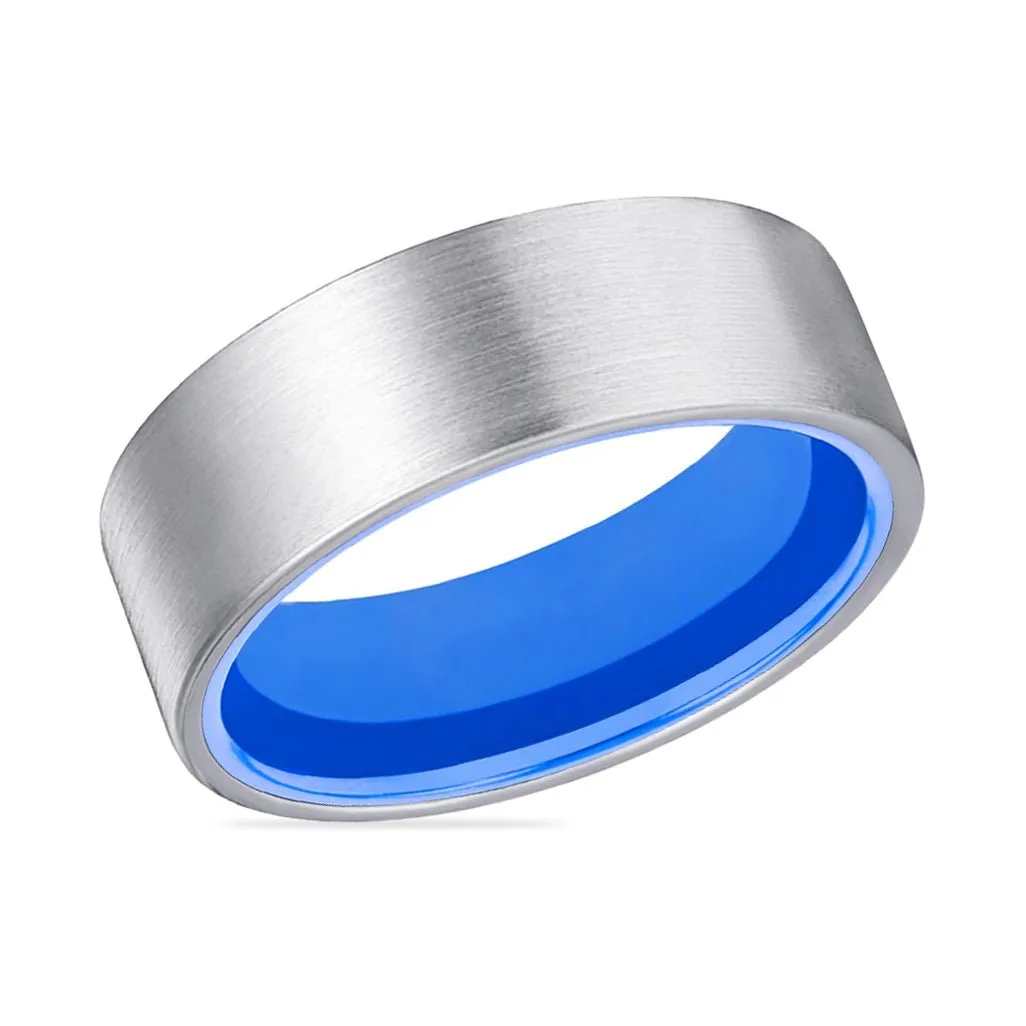 WAVE | Blue Ring, Silver Tungsten Ring, Brushed, Flat