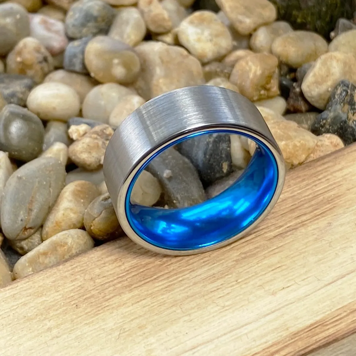 WAVE | Blue Ring, Silver Tungsten Ring, Brushed, Flat