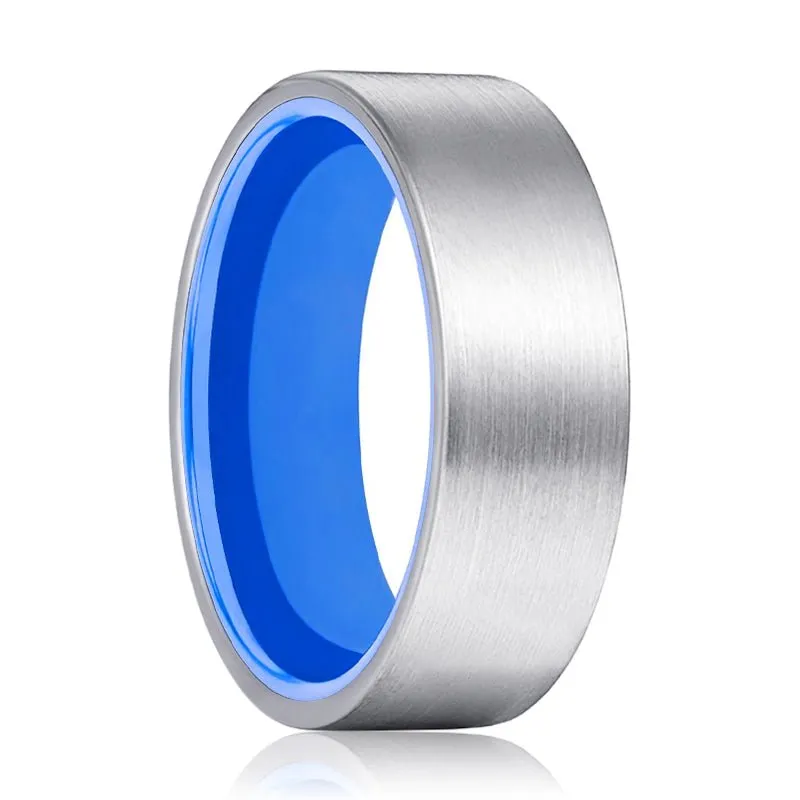 WAVE | Blue Ring, Silver Tungsten Ring, Brushed, Flat