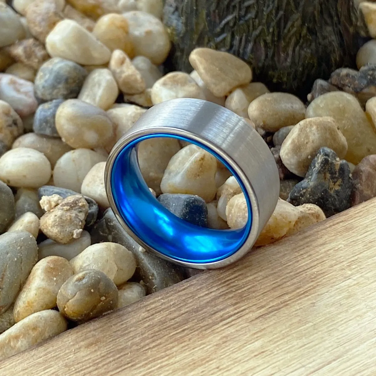 WAVE | Blue Ring, Silver Tungsten Ring, Brushed, Flat