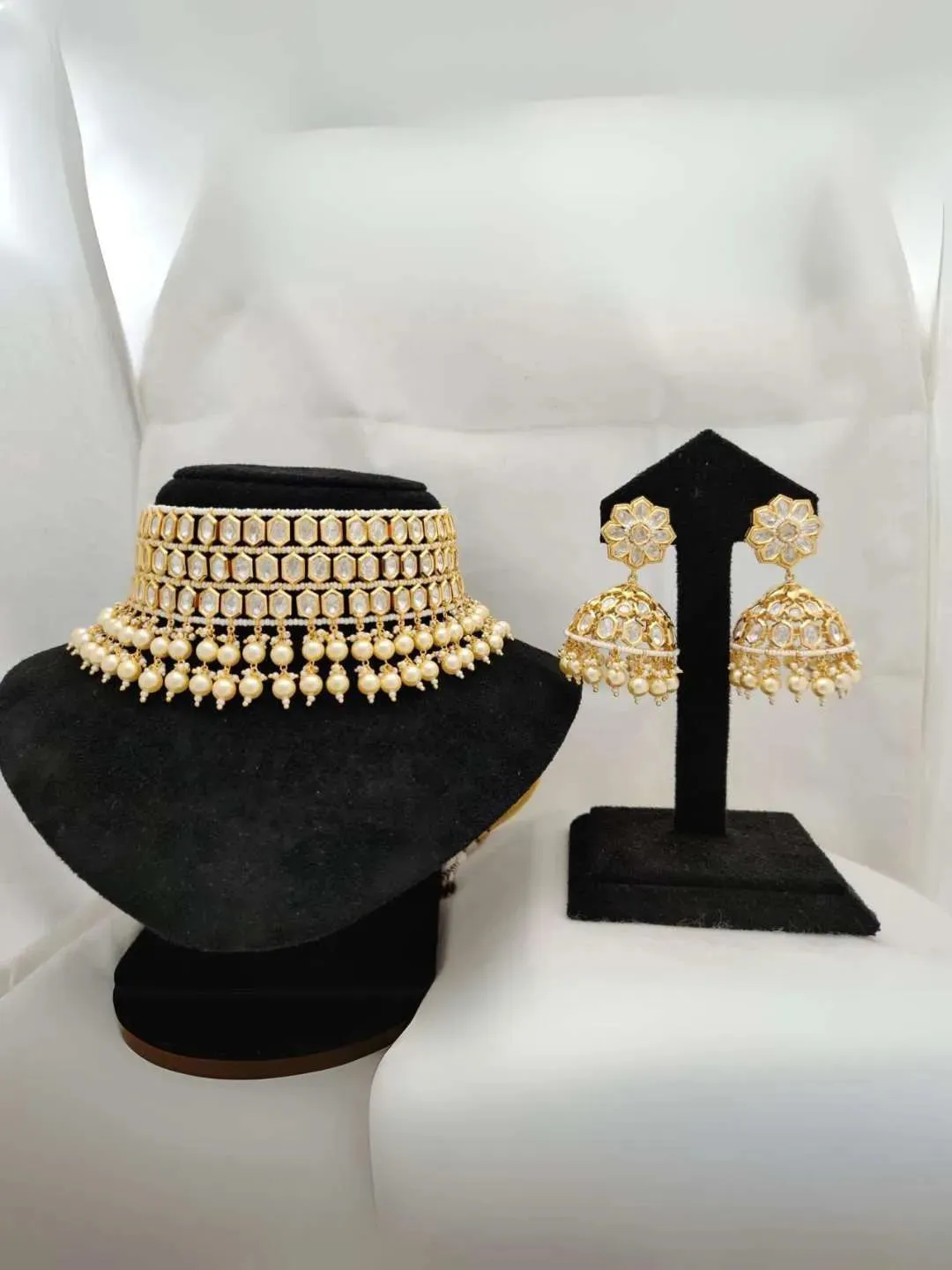 White Pearls Gold Kundan Choker Jhumki Set