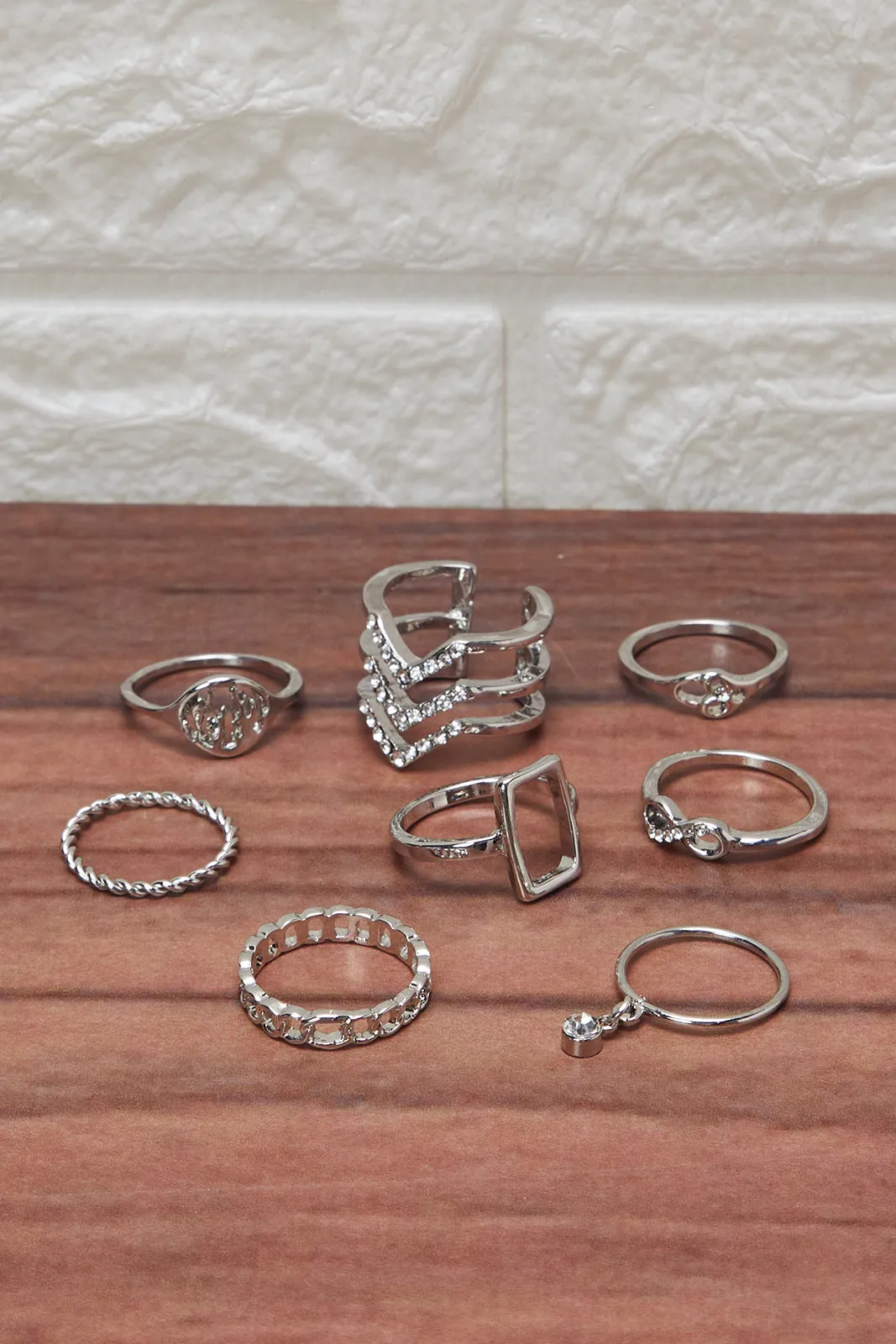 Women Silver Embellished Ring Set (7 Piece)