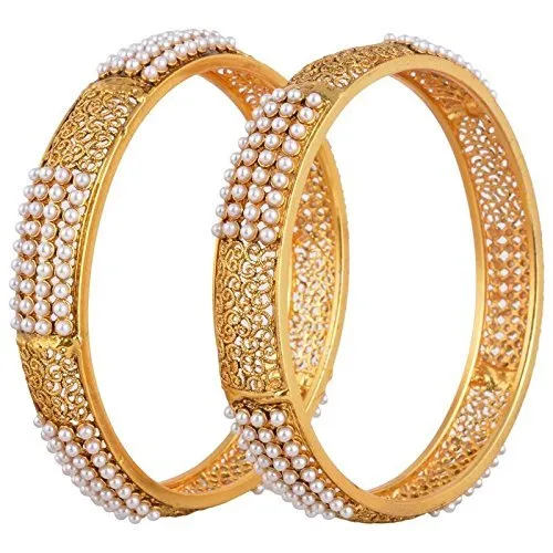 Yellow Chimes Pair of 2 Exclusive Broad Hand Crafted Pearl Antique Designer Traditional Bangles for Women