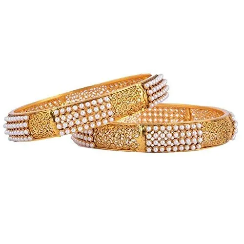 Yellow Chimes Pair of 2 Exclusive Broad Hand Crafted Pearl Antique Designer Traditional Bangles for Women